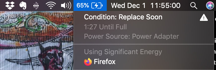 screenshot of my laptop's battery status that says "condition replace soon"