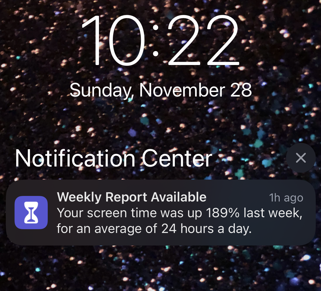 a screenshot of my iphone homescreen with a weekly report notification that says i've spent an average of 24 hours a day on my phone.
