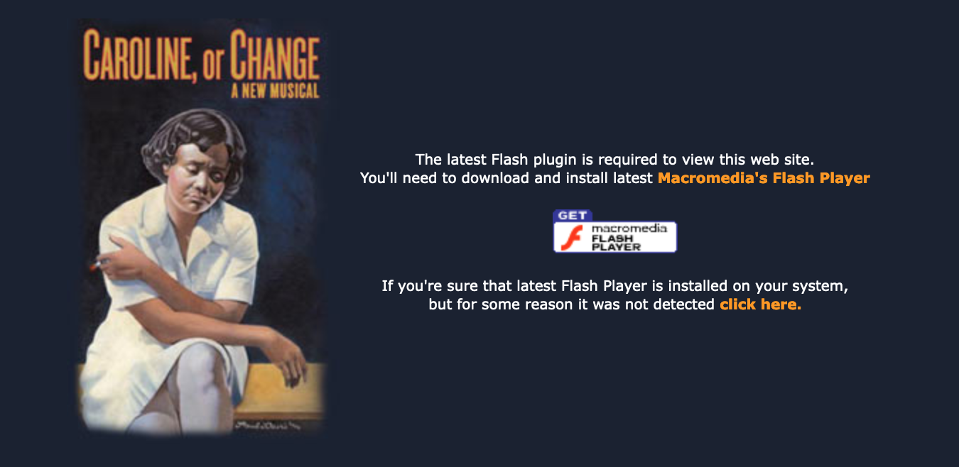 screenshot of caroline or change website saying that the site can't be viewed because a flash plug is required.