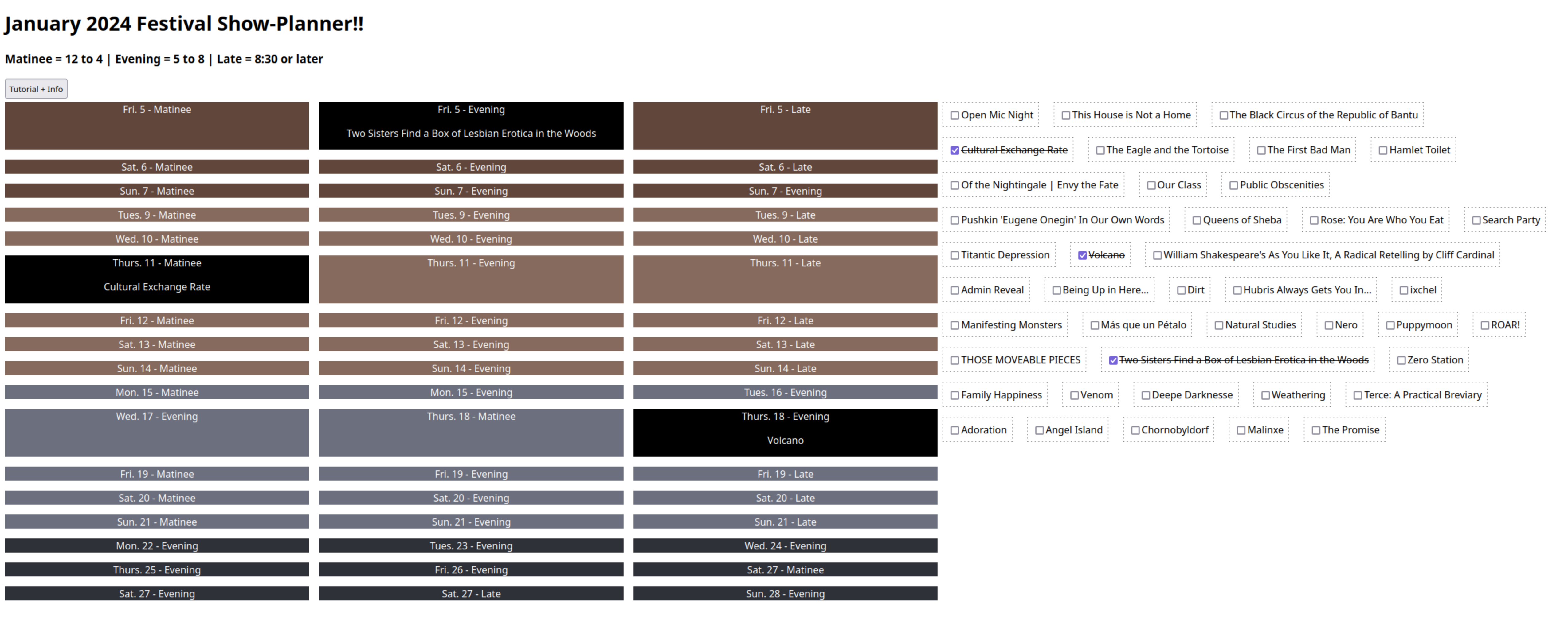 Screenshot of festival planning site with dates on the left, and shows on the right.