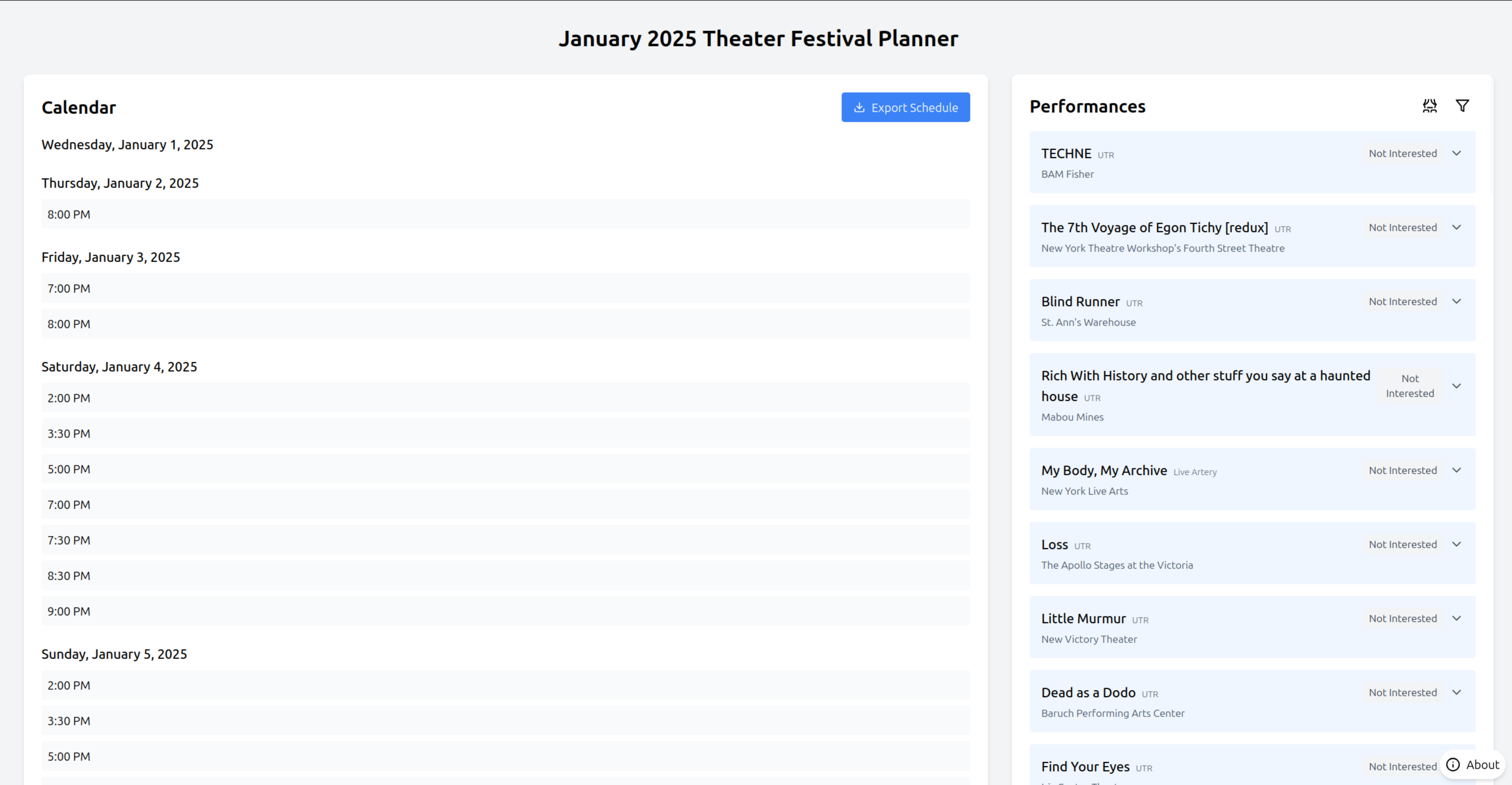 screenshot of 2025 theater festival planner