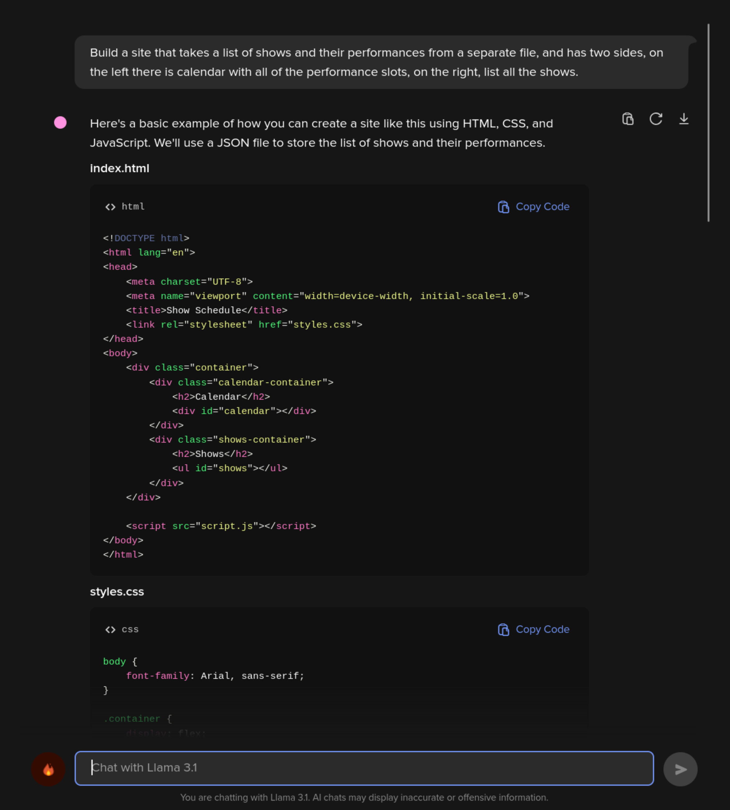 screenshot of a conversation with an AI chatbot asking for a website to be built, it responds with code.