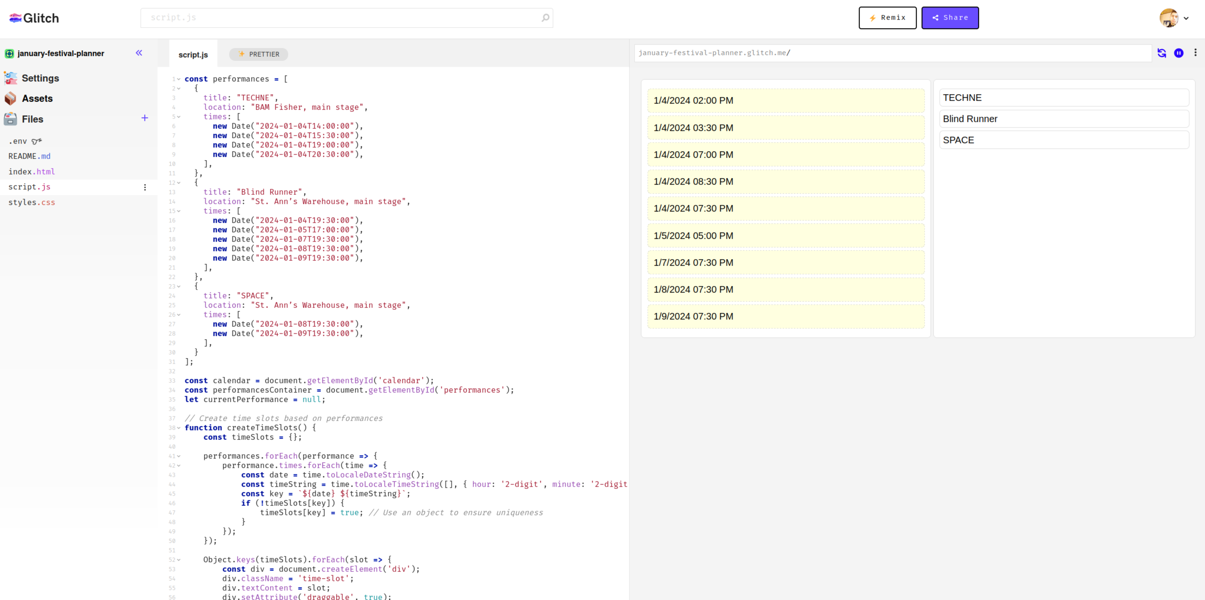 screenshot of the website glitch, with code on the left and a preview of code on the right.