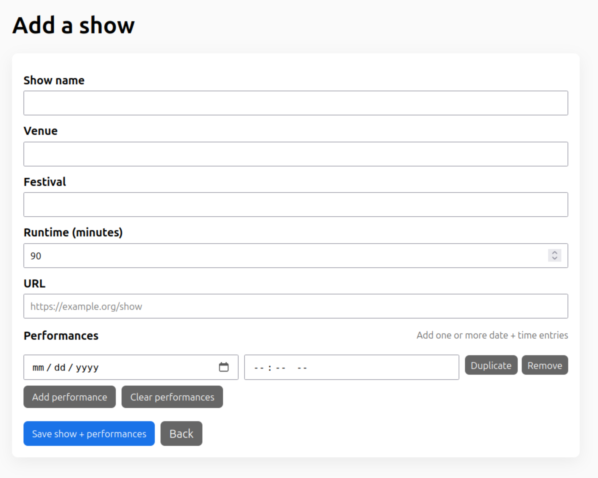 screenshot of page where you add a show, details, and time.