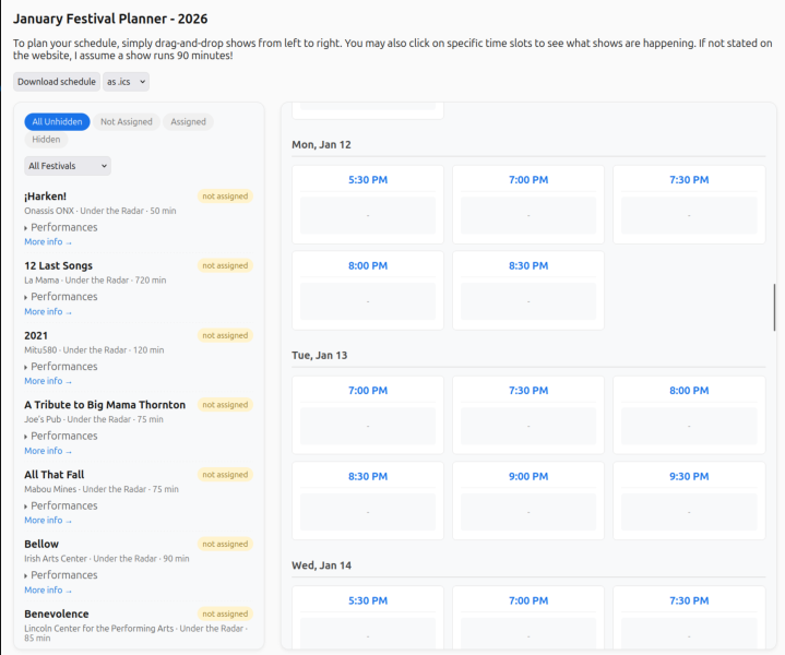 screenshot of festival planning site.